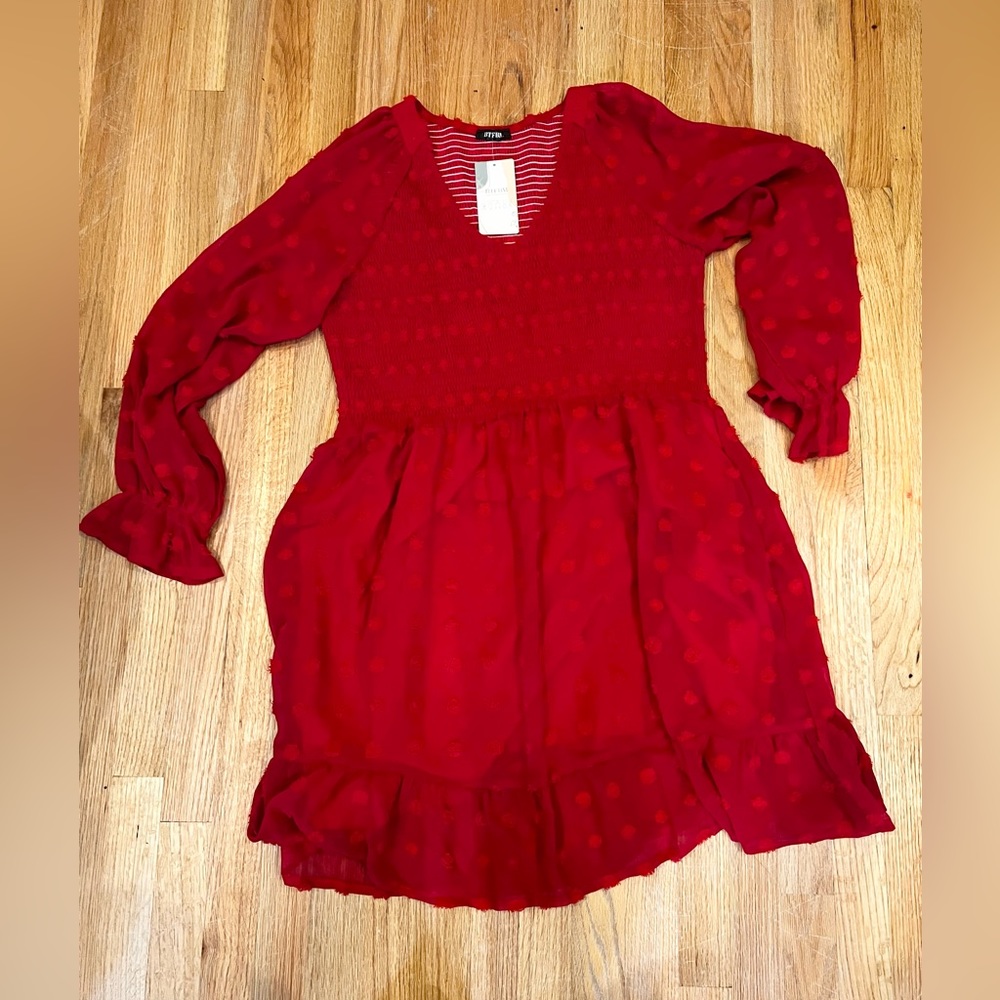 Red Long Sleeve Smocked Waist Dress - Women